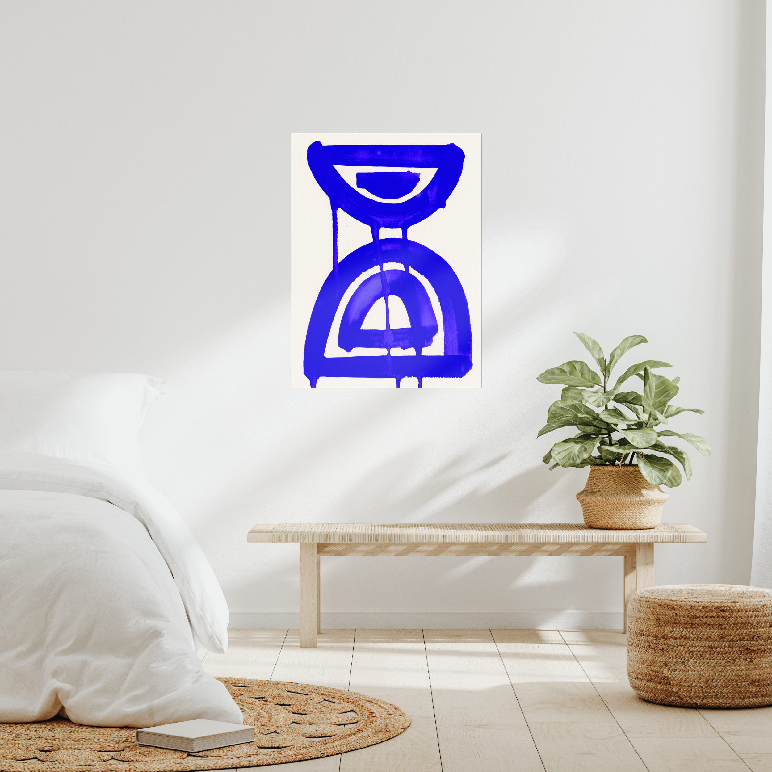 Contemporary abstract minimalist wall art print in modern bedroom