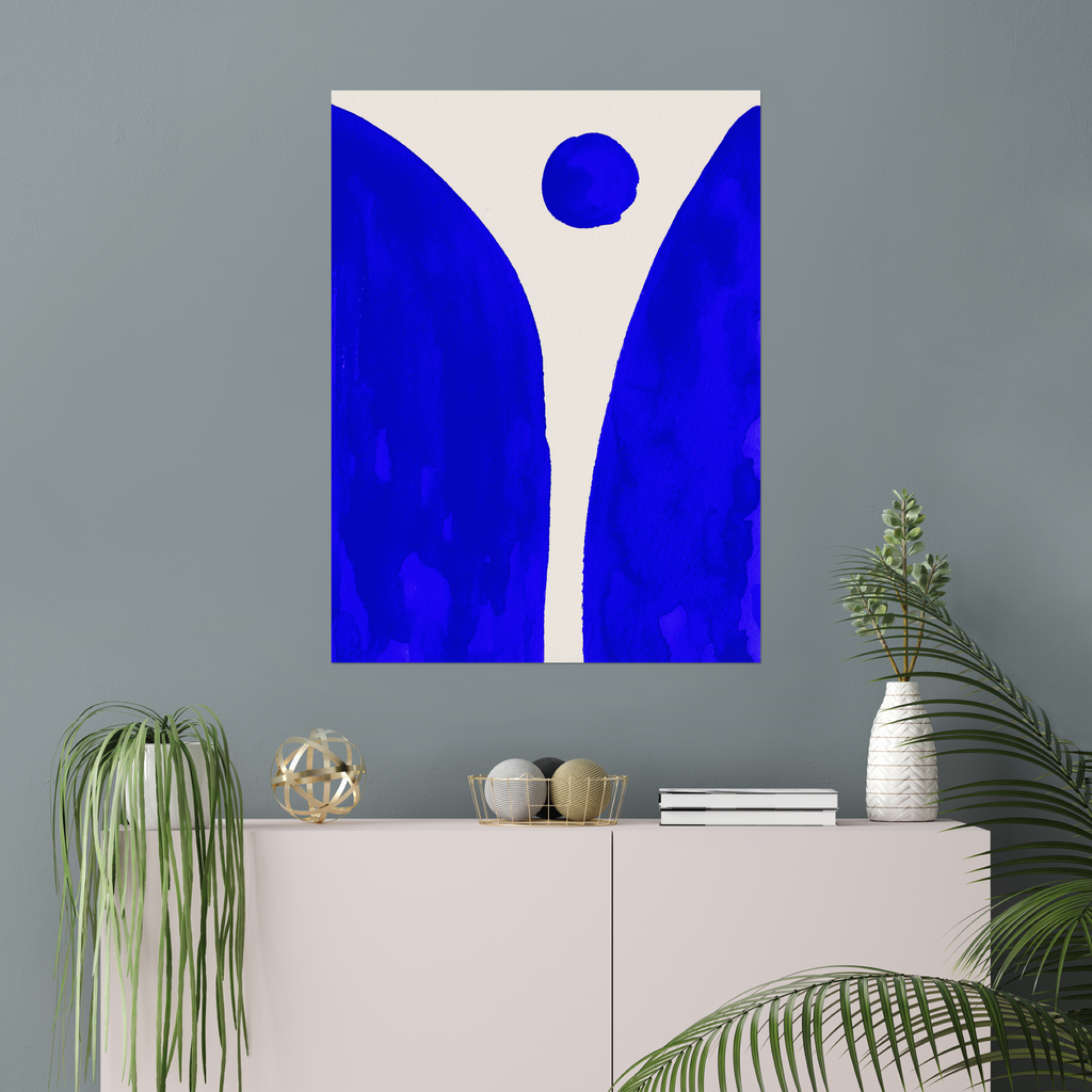 Vertical abstract wall art print displayed in minimalist living room interior
