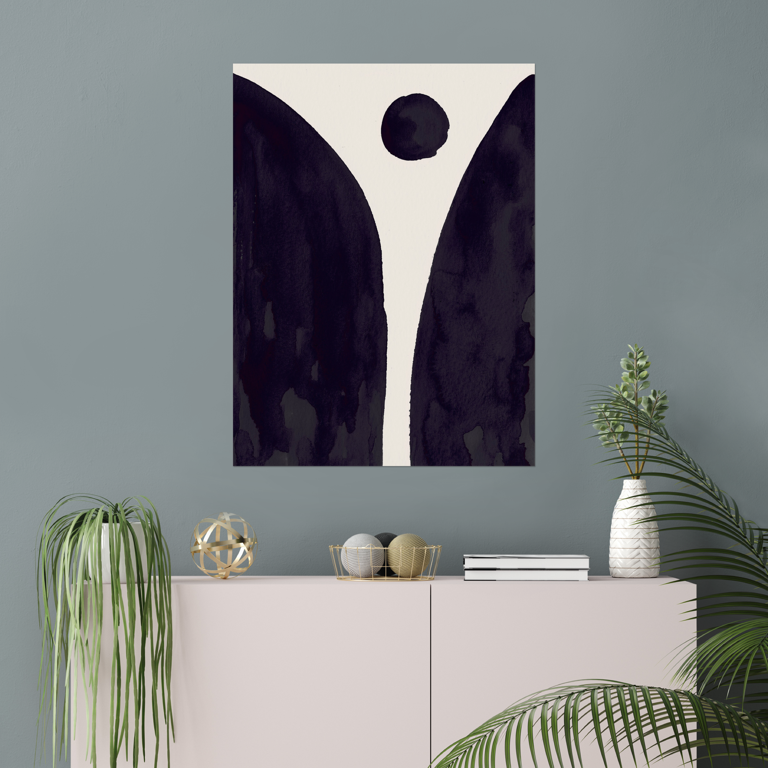 Vertical abstract wall art print displayed in minimalist living room interior