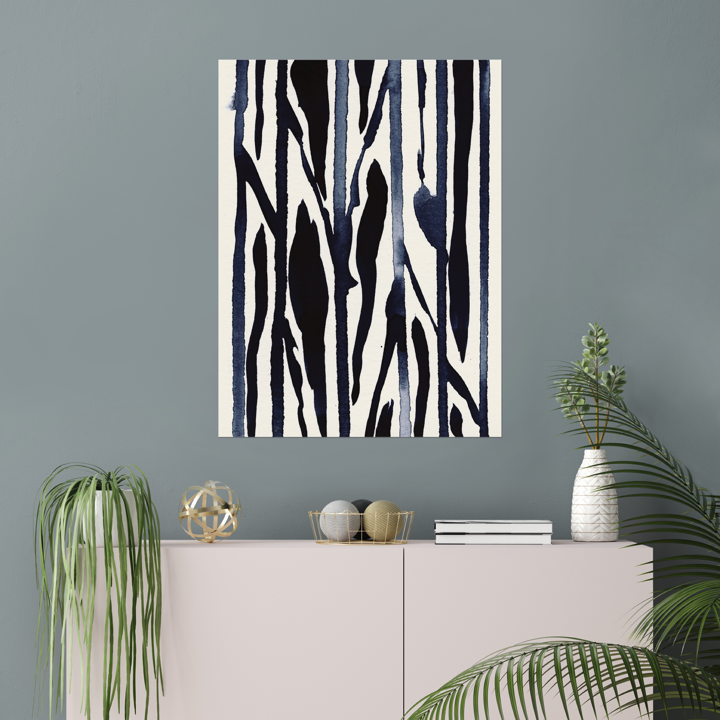 Vertical abstract wall art print displayed in minimalist living room interior