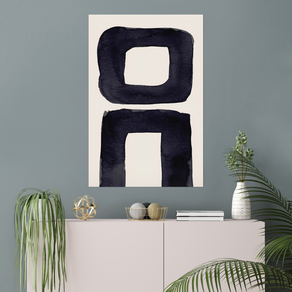 Vertical abstract wall art print displayed in minimalist living room interior