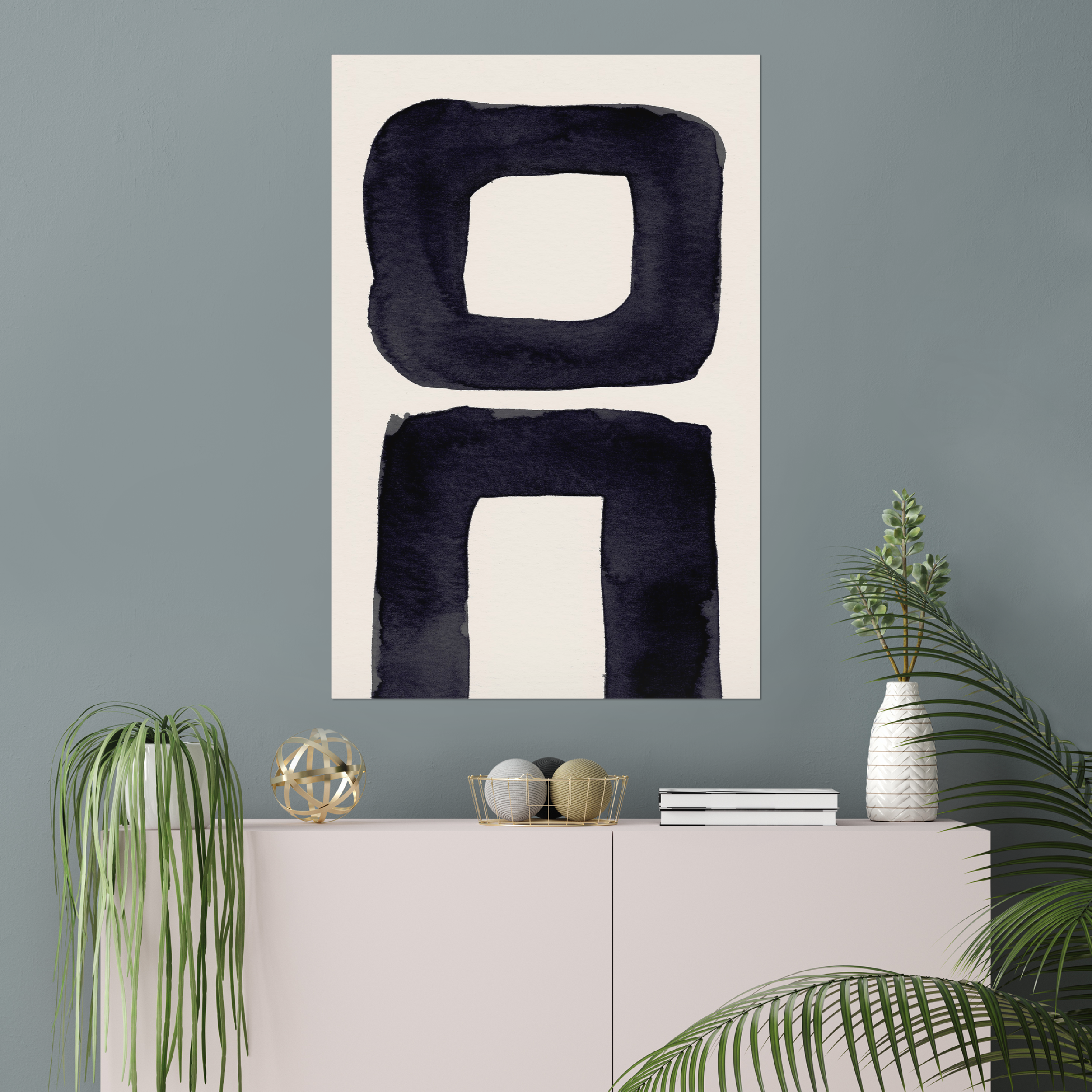 Vertical abstract wall art print displayed in minimalist living room interior