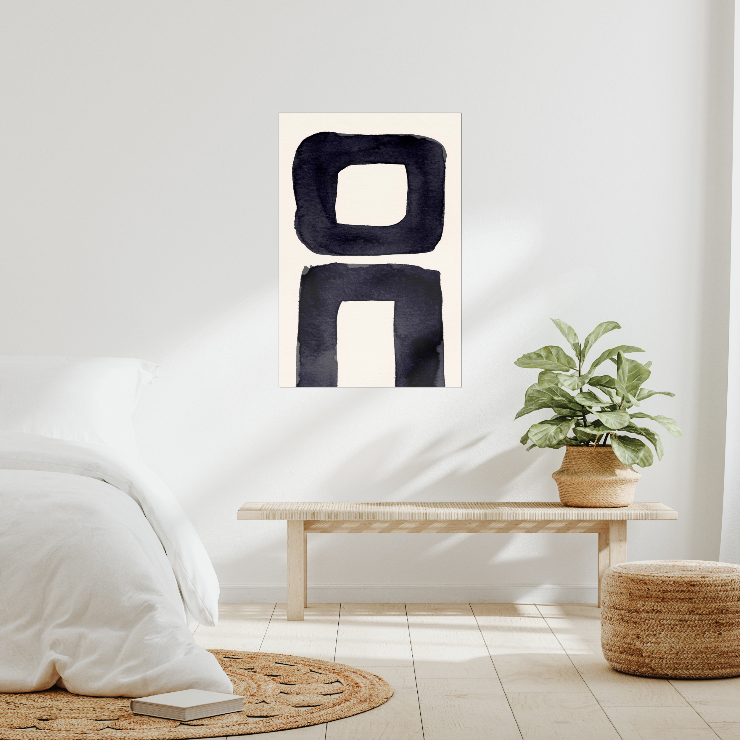 Contemporary abstract minimalist wall art print in modern bedroom