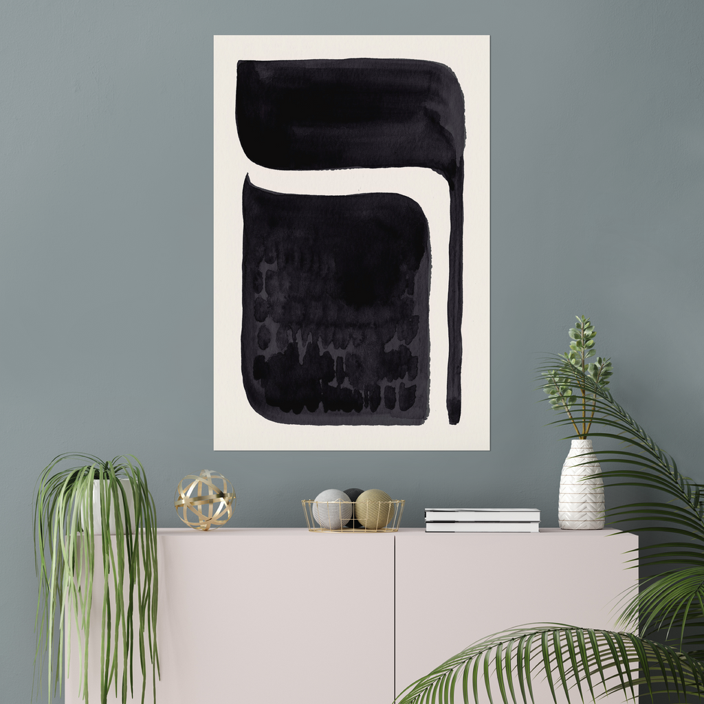 Vertical abstract wall art print displayed in minimalist living room interior