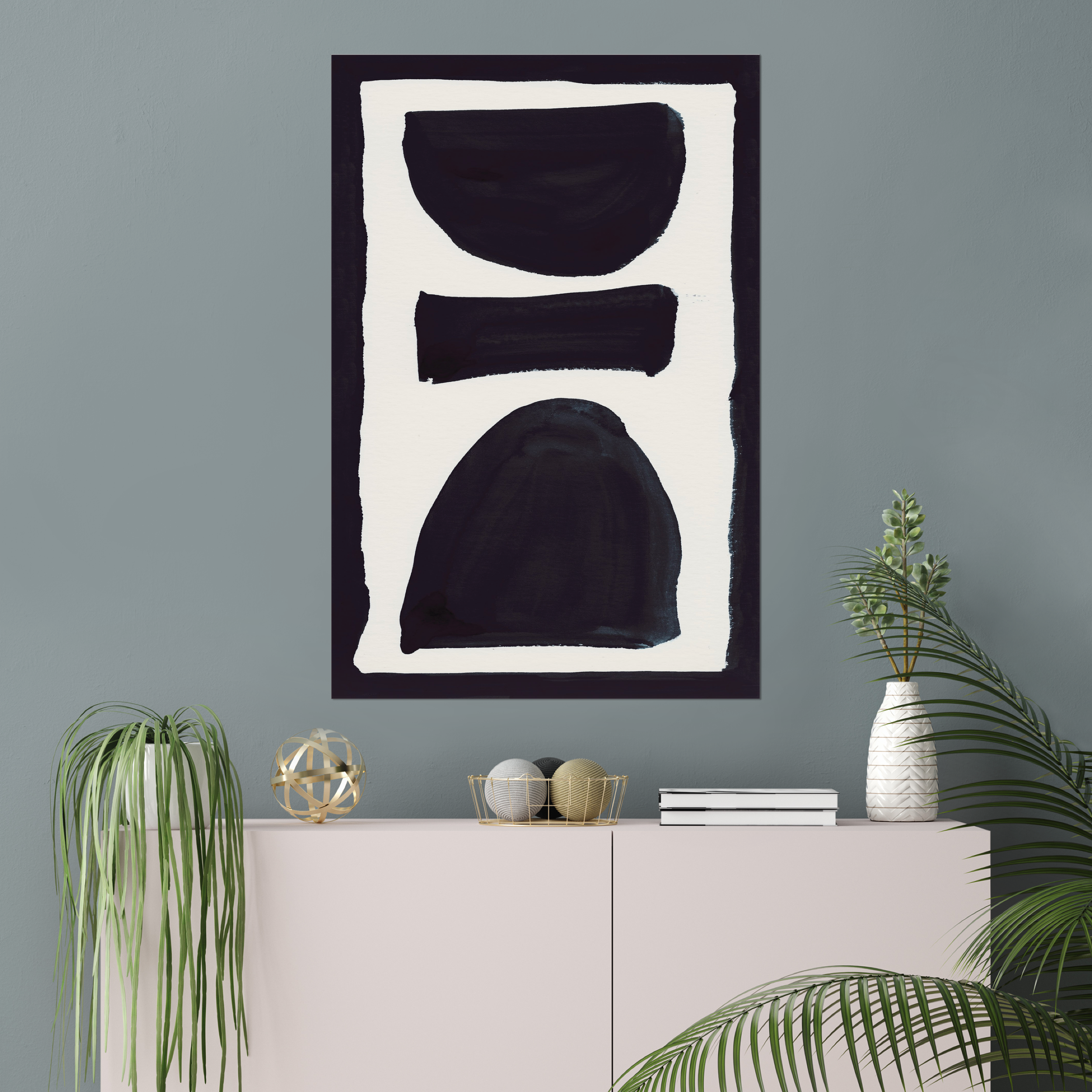 Vertical abstract wall art print displayed in minimalist living room interior
