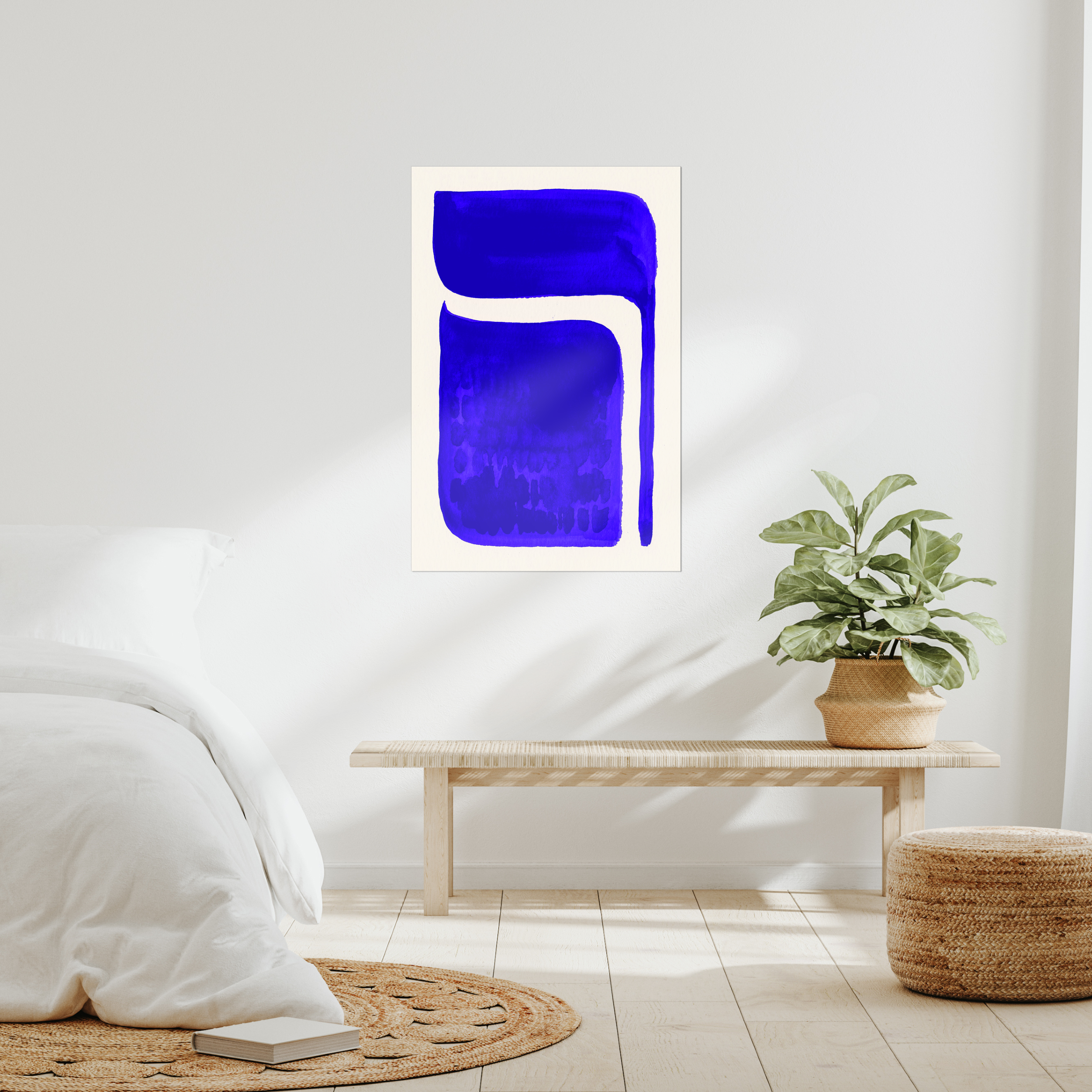 Contemporary abstract minimalist wall art print in modern bedroom