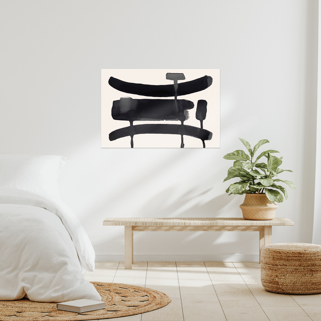 Contemporary abstract minimalist wall art print in modern bedroom