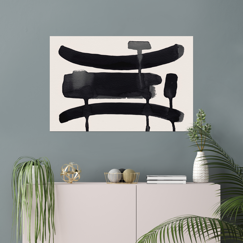 Horizontal abstract wall art print displayed in minimalist living room interior