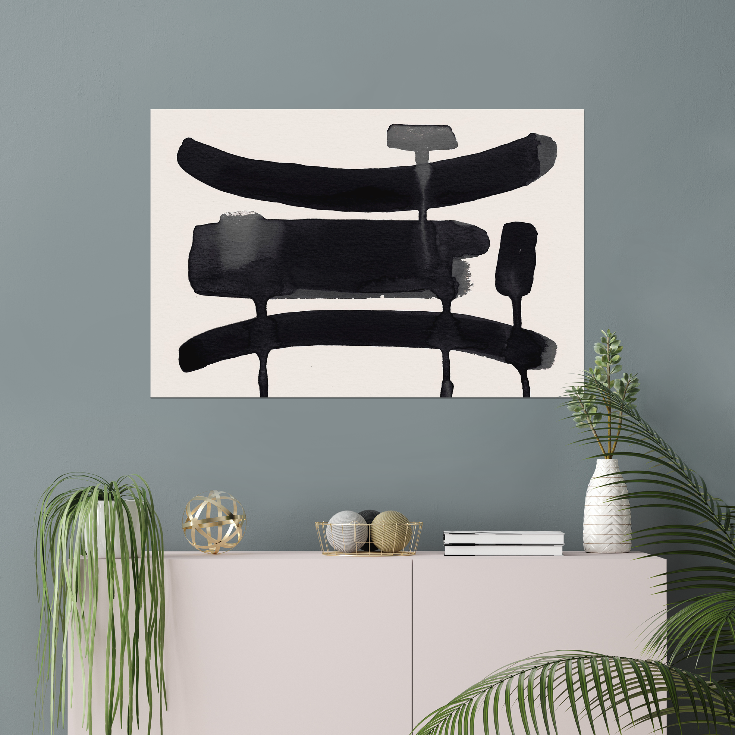 Horizontal abstract wall art print displayed in minimalist living room interior